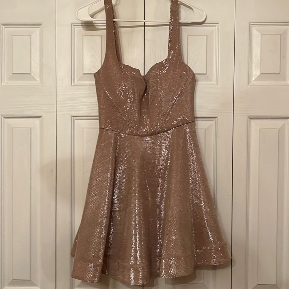 A cool toned pink flare mini dress with silver glitter